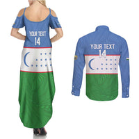 Uzbekistan Football Custom Couples Matching Summer Maxi Dress and Long Sleeve Button Shirt Come On White Wolves Flag Style - Wonder Print Shop