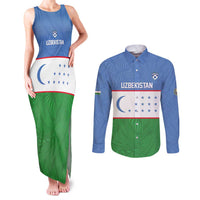 Uzbekistan Football Custom Couples Matching Tank Maxi Dress and Long Sleeve Button Shirt Come On White Wolves Flag Style - Wonder Print Shop