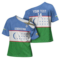 Uzbekistan Football Custom Cross Shoulder Shirt Come On White Wolves Flag Style - Wonder Print Shop