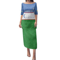 Uzbekistan Football Custom Family Matching Puletasi and Hawaiian Shirt Come On White Wolves Flag Style - Wonder Print Shop