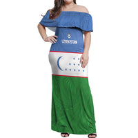 Uzbekistan Football Custom Off Shoulder Maxi Dress Come On White Wolves Flag Style - Wonder Print Shop