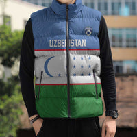 Uzbekistan Football Custom Sleeveless Puffer Jacket Come On White Wolves Flag Style - Wonder Print Shop