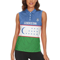 Uzbekistan Football Custom Women Sleeveless Polo Shirt Come On White Wolves Flag Style - Wonder Print Shop