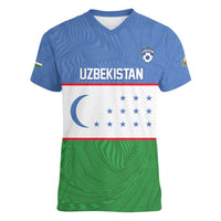 Uzbekistan Football Custom Women V-Neck T-Shirt Come On White Wolves Flag Style - Wonder Print Shop