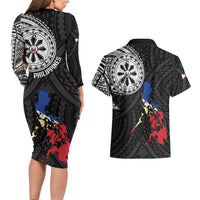 Philippines Strong Couples Matching Long Sleeve Bodycon Dress and Hawaiian Shirt Filipino Map Polynesian Tattoo - Wonder Print Shop