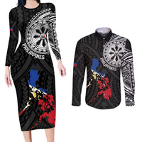 Philippines Strong Couples Matching Long Sleeve Bodycon Dress and Long Sleeve Button Shirt Filipino Map Polynesian Tattoo - Wonder Print Shop