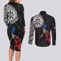 Philippines Strong Couples Matching Long Sleeve Bodycon Dress and Long Sleeve Button Shirt Filipino Map Polynesian Tattoo - Wonder Print Shop