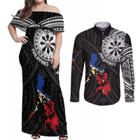 Philippines Strong Couples Matching Off Shoulder Maxi Dress and Long Sleeve Button Shirt Filipino Map Polynesian Tattoo - Wonder Print Shop