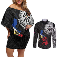 Philippines Strong Couples Matching Off Shoulder Short Dress and Long Sleeve Button Shirt Filipino Map Polynesian Tattoo - Wonder Print Shop