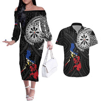Philippines Strong Couples Matching Off The Shoulder Long Sleeve Dress and Hawaiian Shirt Filipino Map Polynesian Tattoo - Wonder Print Shop