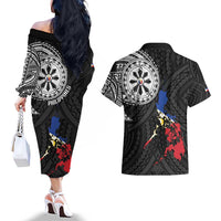 Philippines Strong Couples Matching Off The Shoulder Long Sleeve Dress and Hawaiian Shirt Filipino Map Polynesian Tattoo - Wonder Print Shop