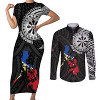 Philippines Strong Couples Matching Short Sleeve Bodycon Dress and Long Sleeve Button Shirt Filipino Map Polynesian Tattoo - Wonder Print Shop