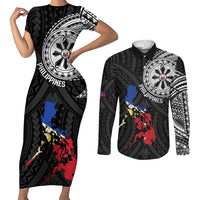 Philippines Strong Couples Matching Short Sleeve Bodycon Dress and Long Sleeve Button Shirt Filipino Map Polynesian Tattoo - Wonder Print Shop