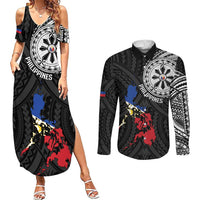 Philippines Strong Couples Matching Summer Maxi Dress and Long Sleeve Button Shirt Filipino Map Polynesian Tattoo - Wonder Print Shop