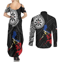 Philippines Strong Couples Matching Summer Maxi Dress and Long Sleeve Button Shirt Filipino Map Polynesian Tattoo - Wonder Print Shop