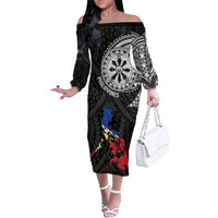 Philippines Strong Family Matching Off The Shoulder Long Sleeve Dress and Hawaiian Shirt Filipino Map Polynesian Tattoo - Wonder Print Shop