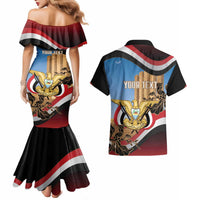 Personalised Yemen Independence Day Couples Matching Mermaid Dress and Hawaiian Shirt Awwam Temple With Coat Of Arms Proud - Wonder Print Shop