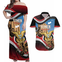 Personalised Yemen Independence Day Couples Matching Off Shoulder Maxi Dress and Hawaiian Shirt Awwam Temple With Coat Of Arms Proud - Wonder Print Shop