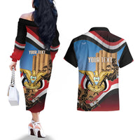 Personalised Yemen Independence Day Couples Matching Off The Shoulder Long Sleeve Dress and Hawaiian Shirt Awwam Temple With Coat Of Arms Proud - Wonder Print Shop