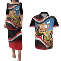 Personalised Yemen Independence Day Couples Matching Puletasi and Hawaiian Shirt Awwam Temple With Coat Of Arms Proud - Wonder Print Shop