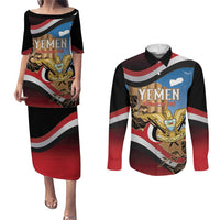 Personalised Yemen Independence Day Couples Matching Puletasi and Long Sleeve Button Shirt Awwam Temple With Coat Of Arms Proud - Wonder Print Shop