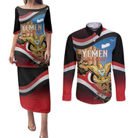 Personalised Yemen Independence Day Couples Matching Puletasi and Long Sleeve Button Shirt Awwam Temple With Coat Of Arms Proud - Wonder Print Shop