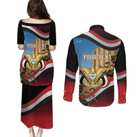 Personalised Yemen Independence Day Couples Matching Puletasi and Long Sleeve Button Shirt Awwam Temple With Coat Of Arms Proud - Wonder Print Shop