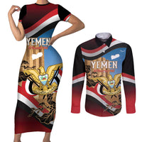 Personalised Yemen Independence Day Couples Matching Short Sleeve Bodycon Dress and Long Sleeve Button Shirt Awwam Temple With Coat Of Arms Proud - Wonder Print Shop