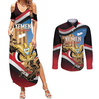 Personalised Yemen Independence Day Couples Matching Summer Maxi Dress and Long Sleeve Button Shirt Awwam Temple With Coat Of Arms Proud - Wonder Print Shop