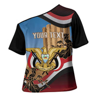 Personalised Yemen Independence Day Cross Shoulder Shirt Awwam Temple With Coat Of Arms Proud - Wonder Print Shop