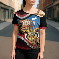 Personalised Yemen Independence Day Cross Shoulder Shirt Awwam Temple With Coat Of Arms Proud - Wonder Print Shop