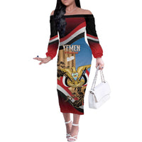 Personalised Yemen Independence Day Family Matching Off The Shoulder Long Sleeve Dress and Hawaiian Shirt Awwam Temple With Coat Of Arms Proud - Wonder Print Shop