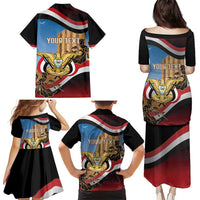 Personalised Yemen Independence Day Family Matching Puletasi and Hawaiian Shirt Awwam Temple With Coat Of Arms Proud - Wonder Print Shop