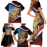 Personalised Yemen Independence Day Family Matching Short Sleeve Bodycon Dress and Hawaiian Shirt Awwam Temple With Coat Of Arms Proud - Wonder Print Shop
