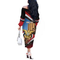 Personalised Yemen Independence Day Off The Shoulder Long Sleeve Dress Awwam Temple With Coat Of Arms Proud - Wonder Print Shop