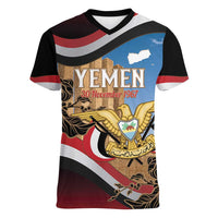 Personalised Yemen Independence Day Women V-Neck T-Shirt Awwam Temple With Coat Of Arms Proud - Wonder Print Shop