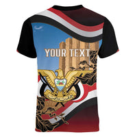 Personalised Yemen Independence Day Women V-Neck T-Shirt Awwam Temple With Coat Of Arms Proud - Wonder Print Shop