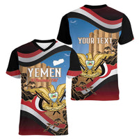 Personalised Yemen Independence Day Women V-Neck T-Shirt Awwam Temple With Coat Of Arms Proud - Wonder Print Shop