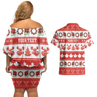 Personalised Canada Christmas Couples Matching Off Shoulder Short Dress and Hawaiian Shirt Canadian Moose Maple Leaf Seamless Style - Wonder Print Shop