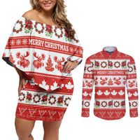 Personalised Canada Christmas Couples Matching Off Shoulder Short Dress and Long Sleeve Button Shirt Canadian Moose Maple Leaf Seamless Style - Wonder Print Shop