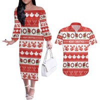 Personalised Canada Christmas Couples Matching Off The Shoulder Long Sleeve Dress and Hawaiian Shirt Canadian Moose Maple Leaf Seamless Style - Wonder Print Shop