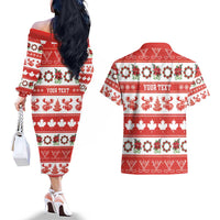 Personalised Canada Christmas Couples Matching Off The Shoulder Long Sleeve Dress and Hawaiian Shirt Canadian Moose Maple Leaf Seamless Style - Wonder Print Shop