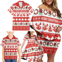 Personalised Canada Christmas Family Matching Off Shoulder Short Dress and Hawaiian Shirt Canadian Moose Maple Leaf Seamless Style - Wonder Print Shop