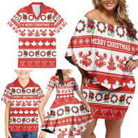 Personalised Canada Christmas Family Matching Off Shoulder Short Dress and Hawaiian Shirt Canadian Moose Maple Leaf Seamless Style - Wonder Print Shop