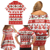 Personalised Canada Christmas Family Matching Off Shoulder Short Dress and Hawaiian Shirt Canadian Moose Maple Leaf Seamless Style - Wonder Print Shop