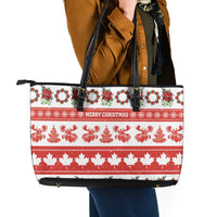 Canada Christmas Leather Tote Bag Canadian Moose Maple Leaf Seamless Style - Wonder Print Shop