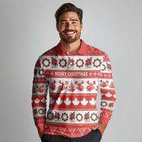 Personalised Canada Christmas Long Sleeve Polo Shirt Canadian Moose Maple Leaf Seamless Style - Wonder Print Shop