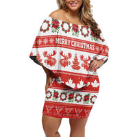 Personalised Canada Christmas Off Shoulder Short Dress Canadian Moose Maple Leaf Seamless Style - Wonder Print Shop