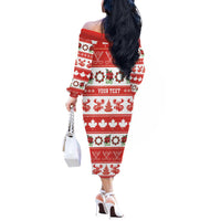Personalised Canada Christmas Off The Shoulder Long Sleeve Dress Canadian Moose Maple Leaf Seamless Style - Wonder Print Shop