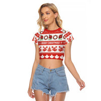 Personalised Canada Christmas Raglan Cropped T Shirt Canadian Moose Maple Leaf Seamless Style - Wonder Print Shop